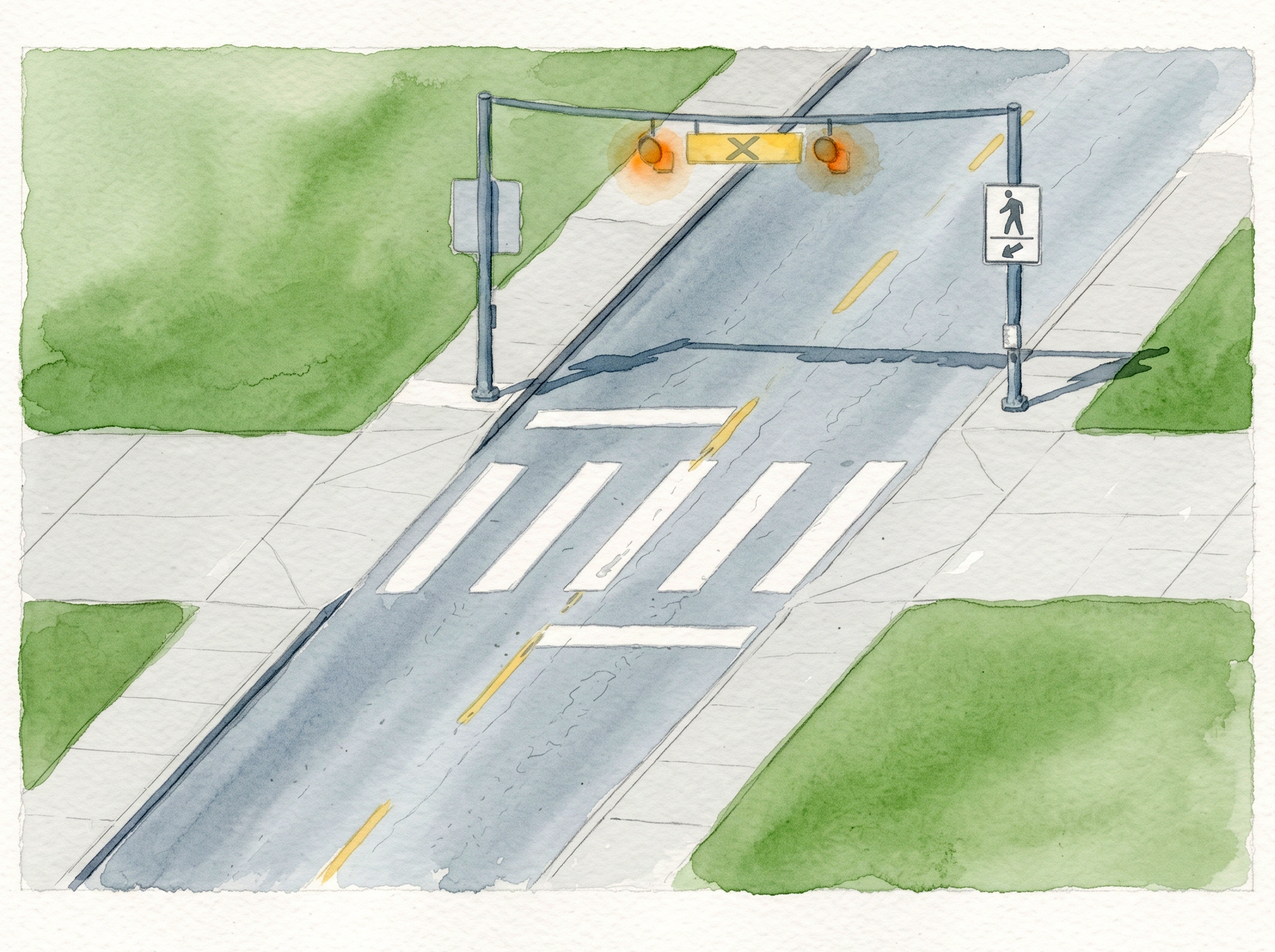 A watercolour of a crossing with overhead amber warning lights